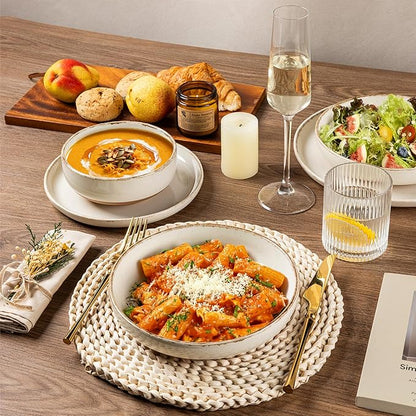 AmorArc 8.75'' Large Ceramic Pasta Bowls, 36oz Handpainted Stoneware Bowls Set of 4, Microwave&Dishwasher Safe Bowls with Wavy Rim&Rustic Terracotta Underside for Pasta Salad, Handbrush Rim