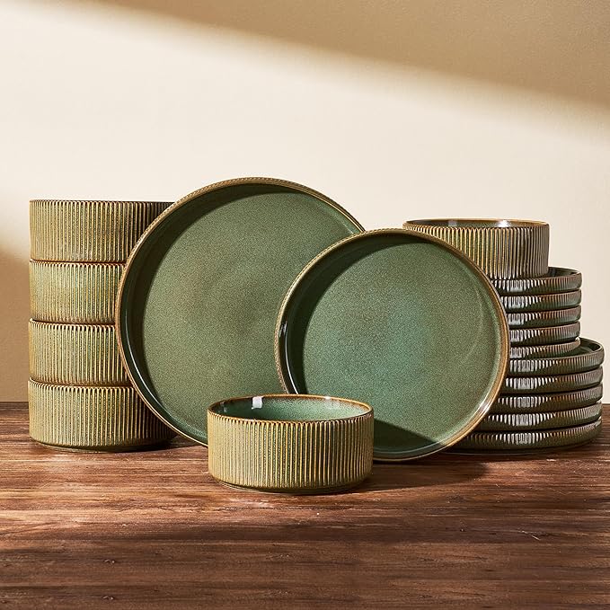 Dinnerware Set for 6, Ceramic Ribbed Plates, Dishes | 18-Piece Stoneware Dinner by FamiwarePremium