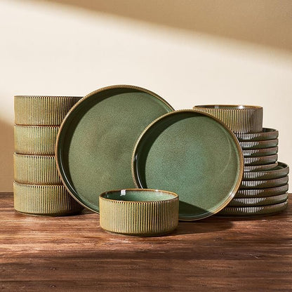 Dinnerware Set for 6, Ceramic Ribbed Plates, Dishes | 18-Piece Stoneware Dinner by FamiwarePremium