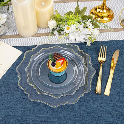 COLOSUS 100pcs Clear and Gold Plastic Plates Disposable Heavy duty Plastic Party Plates set Include 50 dinner plate and 50 dessert/salad plate for party/wedding