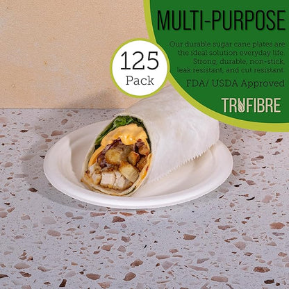 7" Paper Plates, Compostable Bagasse Food Container, Disposable, Microwave Safe for Lunch, Dinner, Party, Supplies, Events, Bulk, 125 Pack