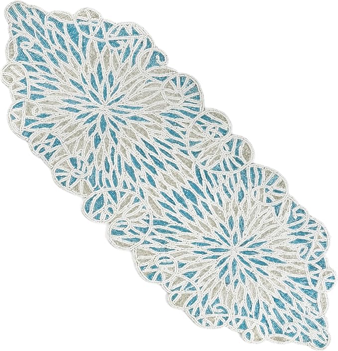 Beaded Table Runner, Sky Blue White, 36x13 | Glass beads on polyester backing by CLEENTABLE