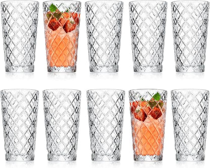 Glaver's Drinking Glasses - Set of 10-14oz. Highball Glass Cups - Dishwasher Safe Cocktail - Diamond Cut Shape - Tall Beer Glasses, Water Glasses, Bar Glass, Wine, Juice, Iced Tea