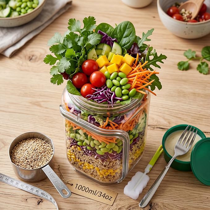 35oz Side Opening Mason Salad Jar | 1000ml Leakproof Portable Salad Container - Image 4