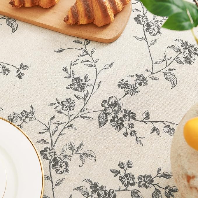 jinchan Black Farmhouse Floral Linen Square Table Cloth 52 x 52 Inch | Vintage - Image 3