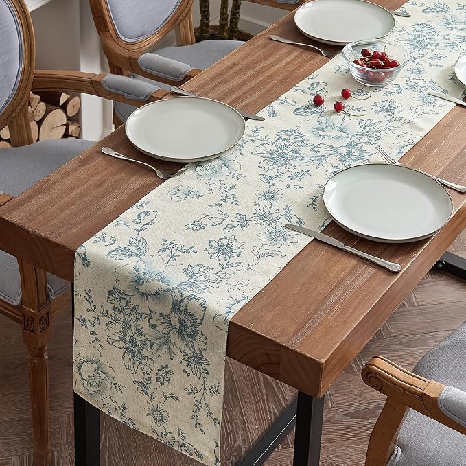 jinchan Blue Floral Linen Table Runner 13 x 90 Inch Farmhouse | Decorative by JINCHAN