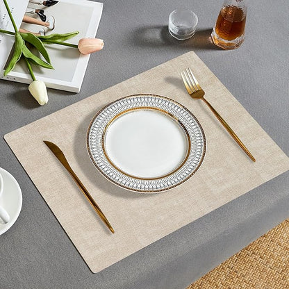 Faux Leather Placemats Set of 6, Heat Resistant Wipeable Washable Vinyl Place Mats, Waterproof Anti-Slip Dining Table Mats, Suitable for Indoor & Outdoor Use (Beige)