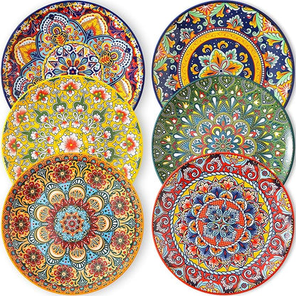 6piece Bohemian ceramic plates 8inch pasta plates spacious, suitable for microwave oven and dishwasher perfect for holiday parties and family gatherings