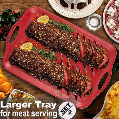 Extra Large Serving Tray with Handles, 20x13 inch, Set of 2 Melamine Platters for Serving Food, Turkey, Cookie, Rectangular Trays for Eating, Raised Dots Matt Finished, Dishwasher Safe, Red