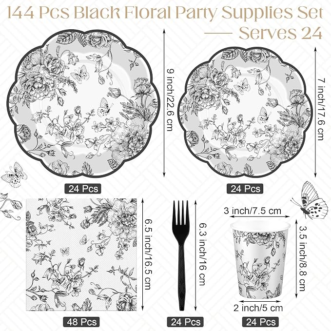 Kochorie 144 Pieces Black Floral Paper Plates and Napkins Party Supplies - Image 2
