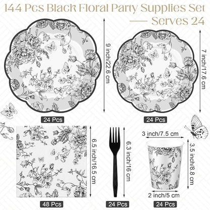 Kochorie 144 Pieces Black Floral Paper Plates and Napkins Party Supplies - Image 2