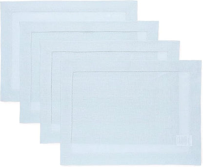 Solino Home Linen Placemats Set of 4 - Classic Hemstitch Light Blue Placemats 14 x 19 Inch - 100% Pure Linen Table Mats for Winter, Spring, Easter