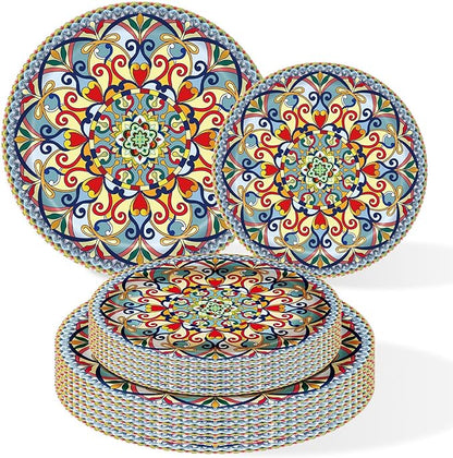 ZULYSTO 100PCS Boho Paper Plates (50×7 Inch & 50×9 Inch)–Vintage Bohemian Style Disposable Plates, Dessert Party Dinner Plates, Dinnerware Plate Set for Birthday Gatherings