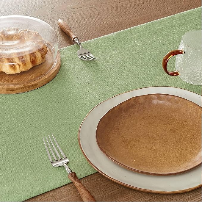Linen Textured Border Table Runner, 14 x 60 Inch Green | Mitered Corner Design - Image 5
