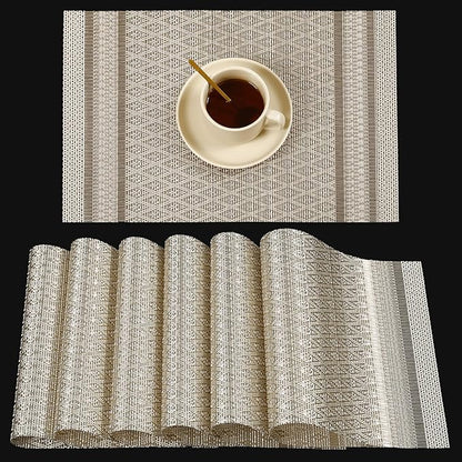 FAVE Placemats Set of 6 Golden Placemats Woven with Silver Thread Durable and Wipeable Vinyl Placemats Heat Resistant Table Mats Set of 6 High Texture Place Mats for Kitchen Table(Golden)