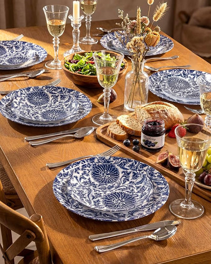Hioasis 60pcs Plastic Disposable Plates Set - Blue Dandelion & Blue Leaf Pattern, 10.25 Dinner & 7.5 Dessert Plates for Wedding,Anniversary,Party and Holiday