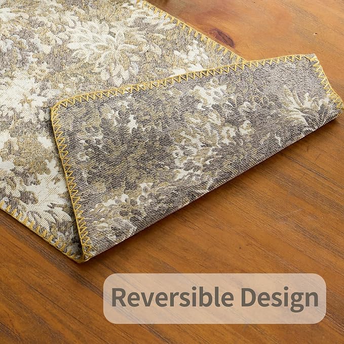 ORTIGIA Vintage Floral Table Runner, Boho Chenille Beige Farmhouse Rustic Runner - Image 5