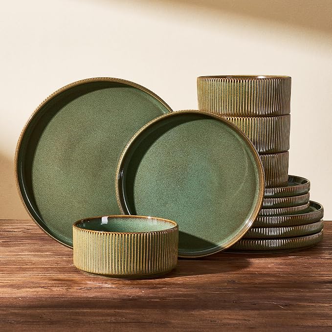 Stoneware Dinnerware Set for 4, Reactive Glaze, Moss Green | 12-Piece Everyday by FamiwarePremium