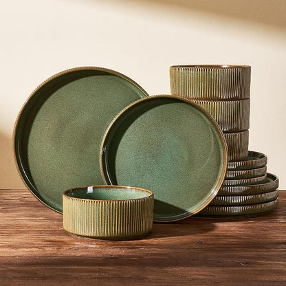 Stoneware Dinnerware Set for 4, Reactive Glaze, Moss Green | 12-Piece Everyday by FamiwarePremium