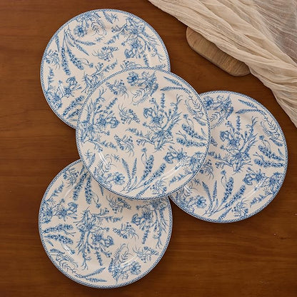 Bico Blue Garden Toile De Jouy Dinner Plates Set of 4, 11 Inch Large Ceramic Plates for Pasta, Steak, Stylish Serving Dishes, Microwave and Dishwasher Safe, Gift for Housewarming and Thanksgiving