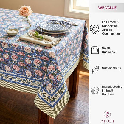 ATOSII Clover Pink 100% Cotton Fall Tablecloth, Handblock Print Rectangle Table Cover for Kitchen Dining Linen I Parties, Weddings, Outdoors, Easter Table Cloth Decor 60 X 108 Inches I 8 Seater