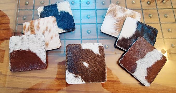 NGF Cowhide Coaster Set of 6 pcs Natural Cowhide Drink Coasters Hair On Square - Image 7
