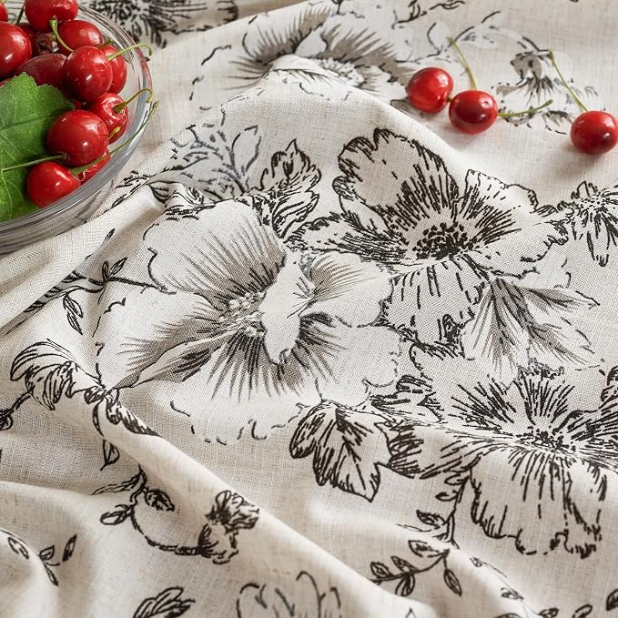 jinchan Black Floral Linen Blend Rectangle Table Cloth 52 x 70 Inch | Farmhouse - Image 7