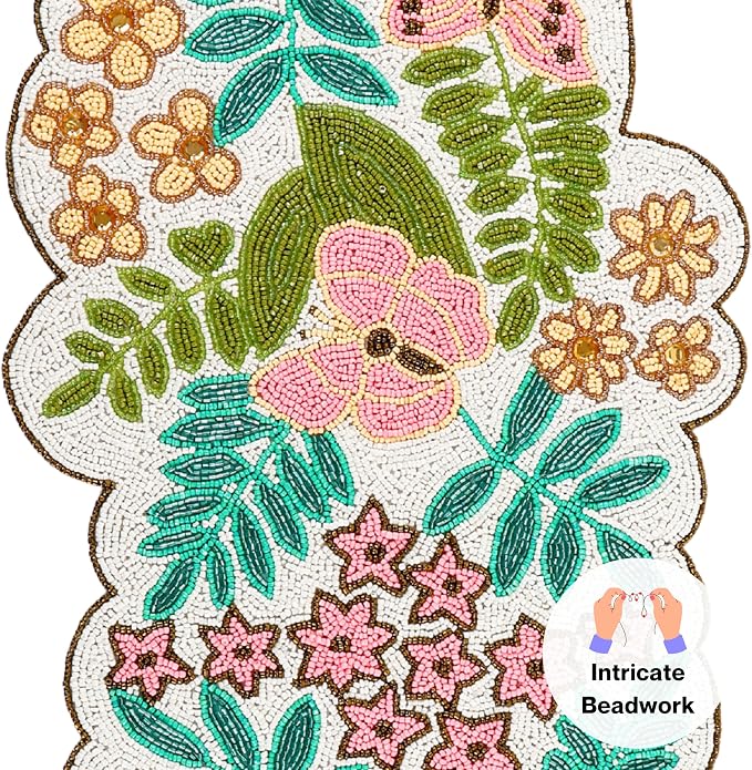 Spring Floral Beaded Table Runner, 13x36 | Glass beads, polyester backing - Image 5