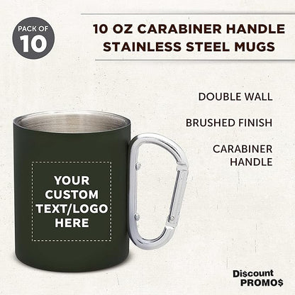 Custom Stainless Steel Mugs with Carabiner Handle 10 oz. Set of 10, Personalized Bulk Pack - Perfect for Coffee, Soda, Other Hot & Cold Beverages - Army Green