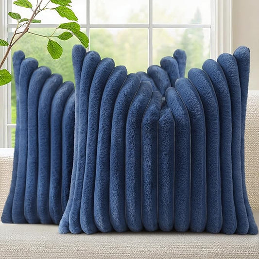 decorUhome Cozy Faux Fur Spring Throw Pillow Covers 20x20 Set of 2 Decorative Soft Plush Striped Modern Farmhouse Boho Couch Pillow Cases with Velvet Back for Sofa Bed Living Room, Blue