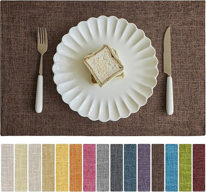 Softalker Faux Linen Placemats Set of 6-12 x 18 Inch, Heat Resistant Double Layered Durable Burlap Farmhouse Place Mats, Non-Slip Washable Rustic Table Mats for Dining, Kitchen, Party（Dark Brown
