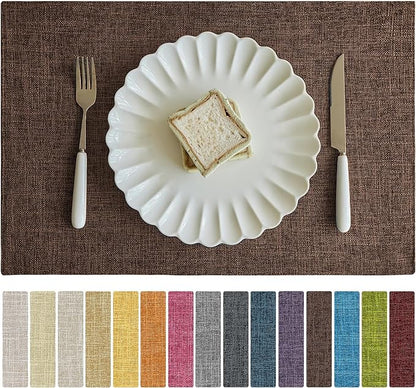Softalker Faux Linen Placemats Set of 8-12 x 18 Inch, Heat Resistant Double Layered Durable Burlap Farmhouse Place Mats, Non-Slip Washable Rustic Table Mats for Dining, Kitchen, Party（Dark Brown
