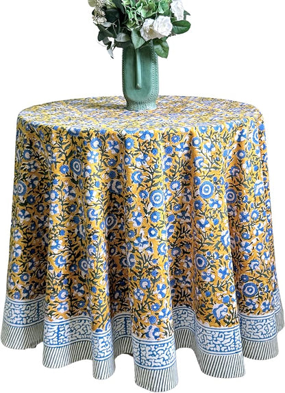 ATOSII Marigold Blue100% Cotton Round Tablecloth, Block Print Floral Table Cloth for Dining, Parties, Weddings, Outdoors, Holidays I 72" Inches, 4 Seater I Grandmillennial Farmhouse Spring Summer Boho