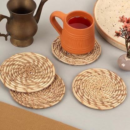 ALPHA Living HOME Handmade Cane Bar Coaster Set of 12-4 Inch Round Woven Natural Brown Drink Mats for Table, Coffee Mug, Glass - Rustic Rattan for Home, Bar, Kitchen Décor