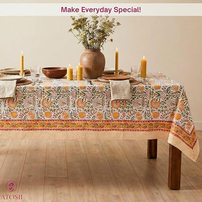 ATOSII Clover Yellow 100% Cotton Rectangle Fall Tablecloth, Handblock Floral Print Linen Table Cloth for Kitchen Dining I Parties, Outdoors, Christmas, Thanksgiving I 72 X 120 Inches I 10 Seater