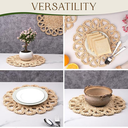 13.8" Corn Husk Woven Round Placemats Set of 8 - Wicker Boho Farmhouse Placemats - Rattan Table Mats Like Water Hyacinth for Dining Table, Wedding, Home