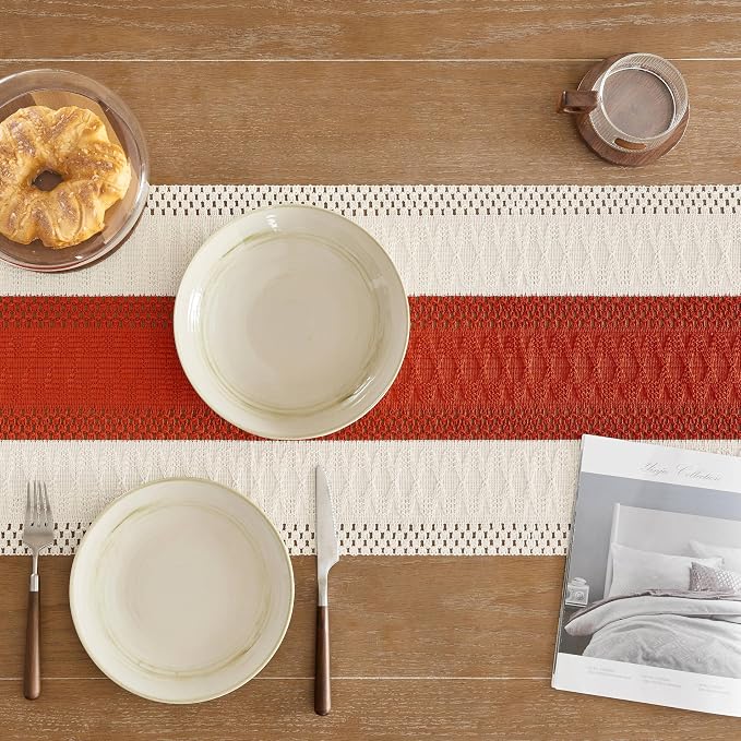 Macrame Style Bicolor Stitching Table Runner 14x36in Orange | Woven Boho Table - Image 5