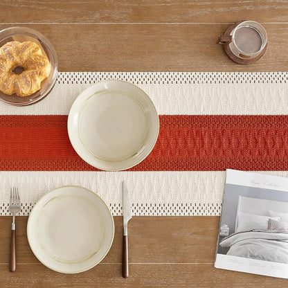 Macrame Style Bicolor Stitching Table Runner 14x36in Orange | Woven Boho Table - Image 5