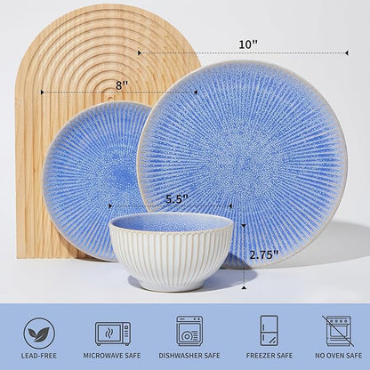 Ceramic Dinnerware Sets, Handmade Reactive Glaze Plates and Bowls Sets, Highly Chip and Crack Resistant Dish Set, Distinctive Granulated Surface Dishwasher & Microwave Safe Service for 4