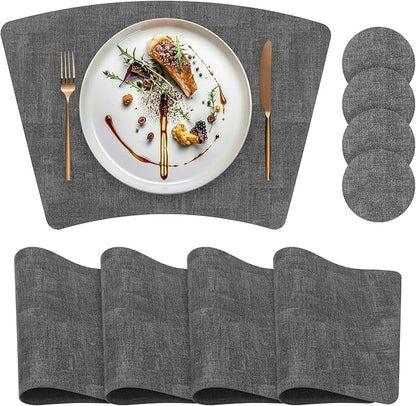 Round Table Placemats Set of 4, Wedge Shaped Faux Leather Table Mats, Heat Resistant Wipeable Washable Place Mats for Dining Table Dinner Kitchen Indoor Outdoor