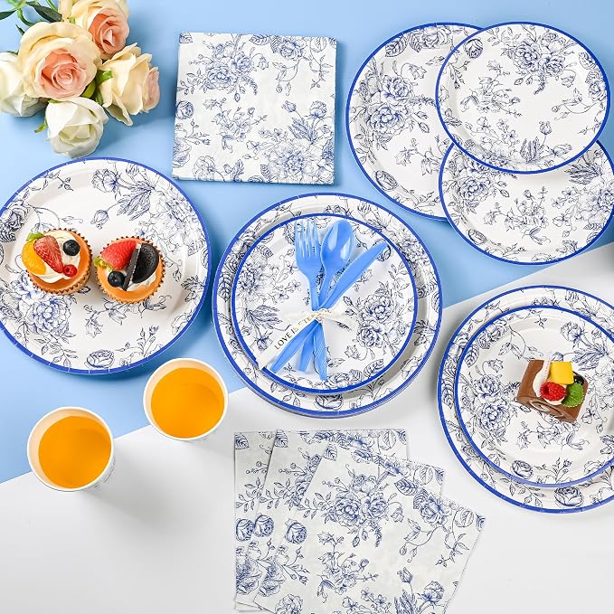 175Pcs Blue Floral Paper Plates and Napkins 25 Guests Blue Toile Chinoiserie - Image 5