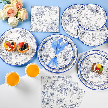 175Pcs Blue Floral Paper Plates and Napkins 25 Guests Blue Toile Chinoiserie - Image 5