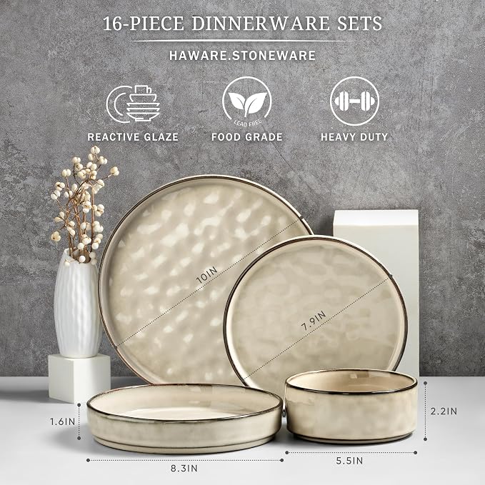 HaWare Dinnerware Sets, 16-Piece Plates and Bowls Set, Stoneware Dish Set - Image 2