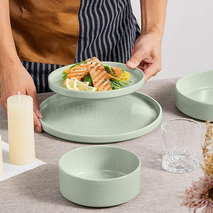 Herogo 16 Piece Plates and Bowls Set, Porcelain Dinnerware Sets with Pasta Bowls, Kitchen Dinner Ware Dishes Service for 4, Chip & Scratch Resistant Dishware, Speckled Light Green