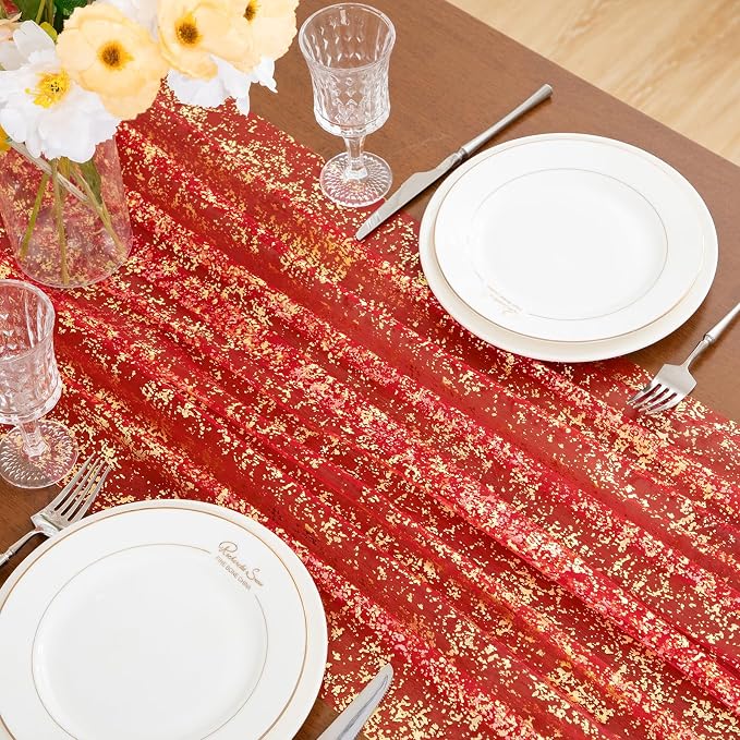 SiinvdaBZX Red Gold Sheer Tulle Table Runner 120 Inch/10 Ft Long | Gauze Sequin - Image 6