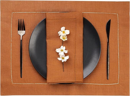 D'Moksha Homes Rust Linen Placemats Set of 4 - Classic Hemstitch Placemats 14 x 19 Inch - 100% Pure Linen Table Mats for Spring, Easter - Handcrafted and Machine Washable