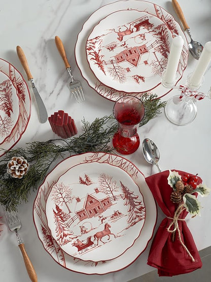 Bico Toile De Jouy Winter Wonderland Scalloped Salad Plates Set of 4, 8.75 Inch Ceramic Dessert Plates for Appetizer, Side Dishes, Microwave and Dishwasher Safe, Gift for Housewarming and Christmas