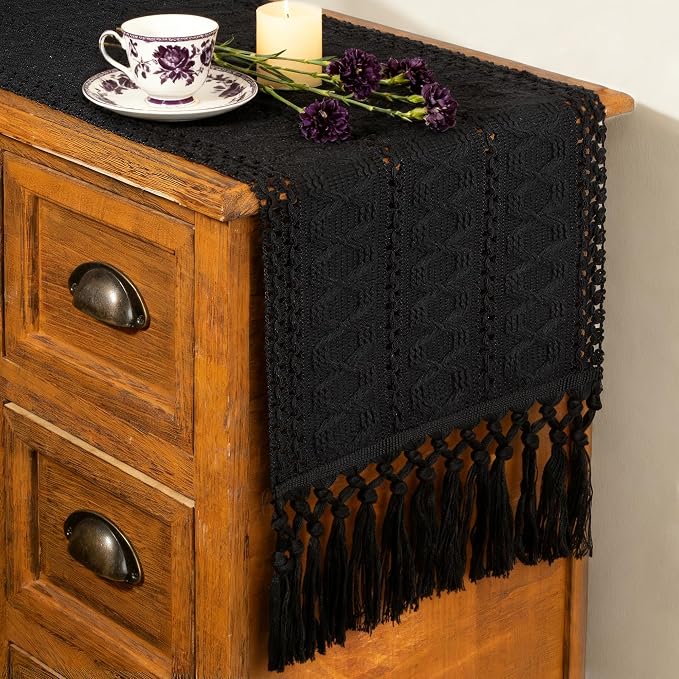 Black Table Runner with Tassels by FEXIA