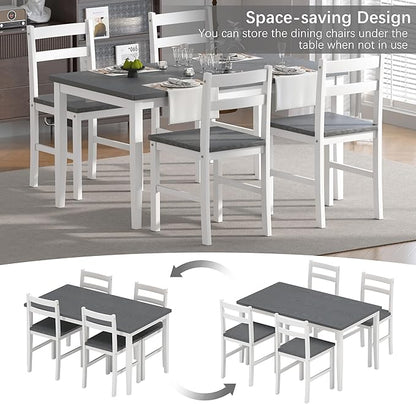 5 Piece Dining Table Set, Solid Wood Dining Table Set for 4, Farmhouse Table and 4 Chairs Set, 43.3'' Rectangular Kitchen Table Set for 4, Grey & White