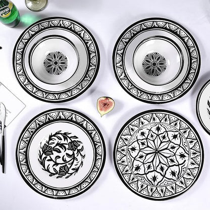 Melamine Dinnerware Sets-12pcs Melamine Plates and Bowls Set, Unbreakable, Dishwasher Safe, Indoor Outdoor Use, Ideals for Parties, Camping Dish Set, Black and White Pattern